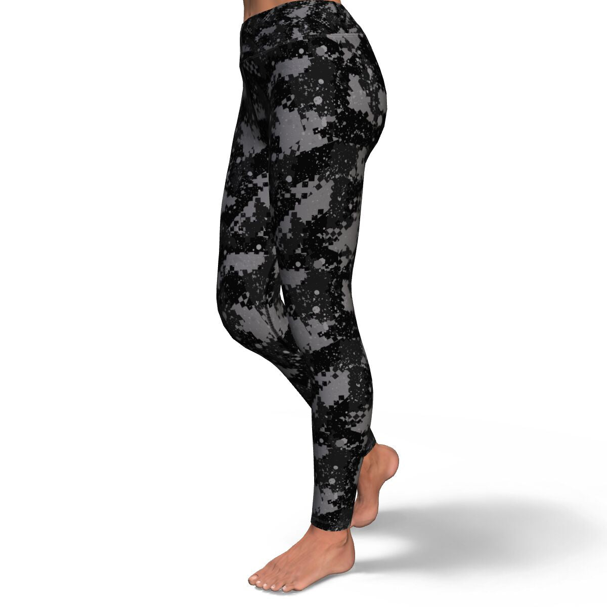 Women's Black Grey Digital Camouflage High-waisted Yoga Leggings Left