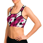 Women's Black Pink Brush Camouflage Athletic Sports Bra Model Left