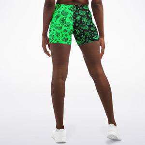 Women's Mint Green Highlighter Split Paisley Mid-rise Yoga Booty Athletic Shorts Back