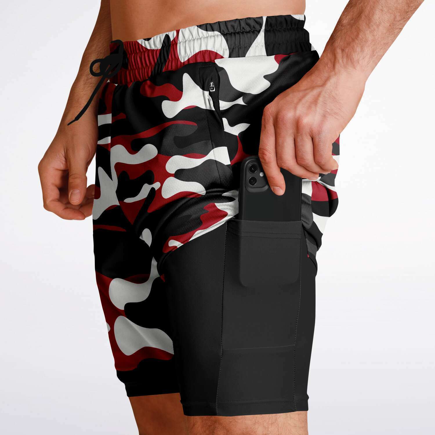 Men's 2-in-1 Black Red Urban Camouflage Gym Shorts