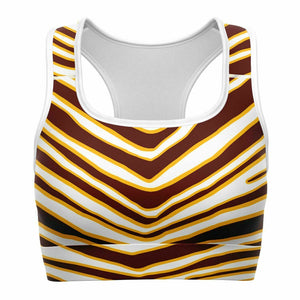 Women's Washington Football Maroon Gold Wild Zebra Stripe Animal Pattern Athletic Sports Bra