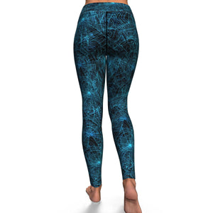Women's Blue Neon Spider Web Halloween High-waisted Yoga Leggings Back