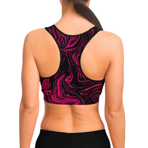 Women's Black Pink Marble Swirl Athletic Sports Bra Model Back