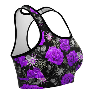 Women's Deadly Purple Roses & Spiders Halloween Athletic Sports Bra Right