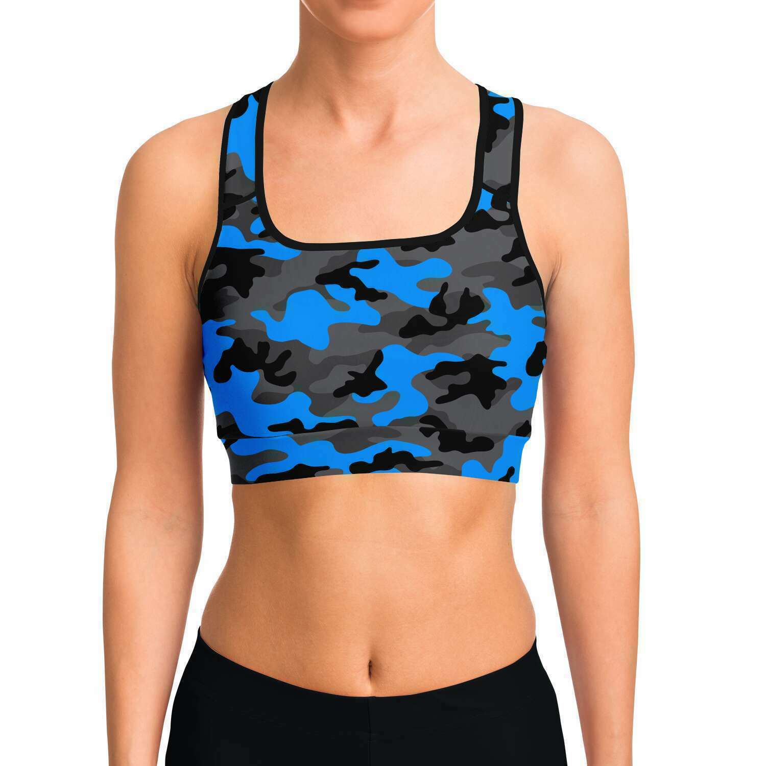 Women's Black Blue Camouflage Athletic Sports Bra Model Front