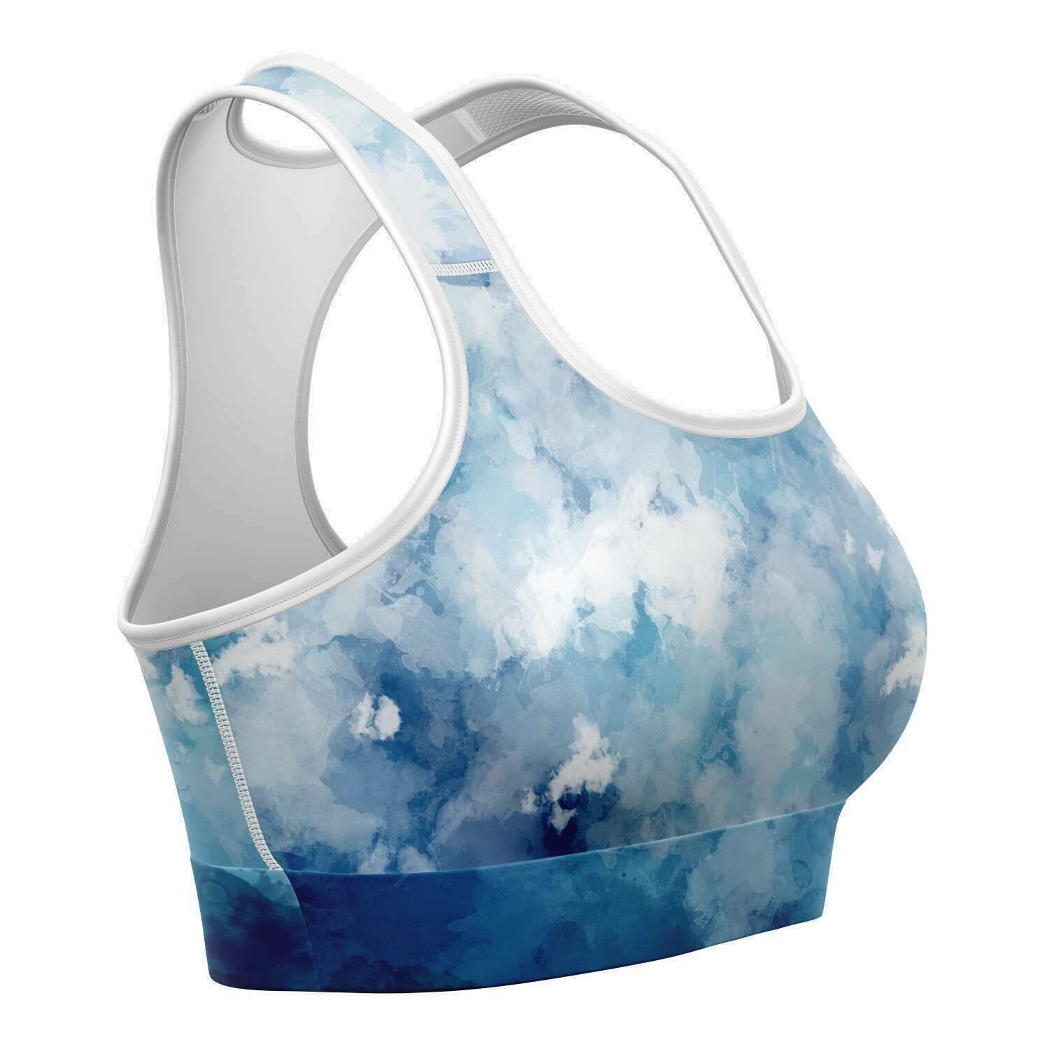 Women's Head In The Clouds Blue White Tie-Dye Athletic Sports Bra Right