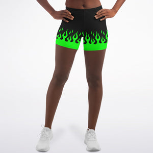 Women's Retro Classic Green Fire Flames Mid-Rise Athletic Yoga Booty Shorts Model Front