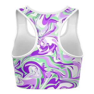 Women's Purple Green Marble Paint Swirls Athletic Sports Bra Back