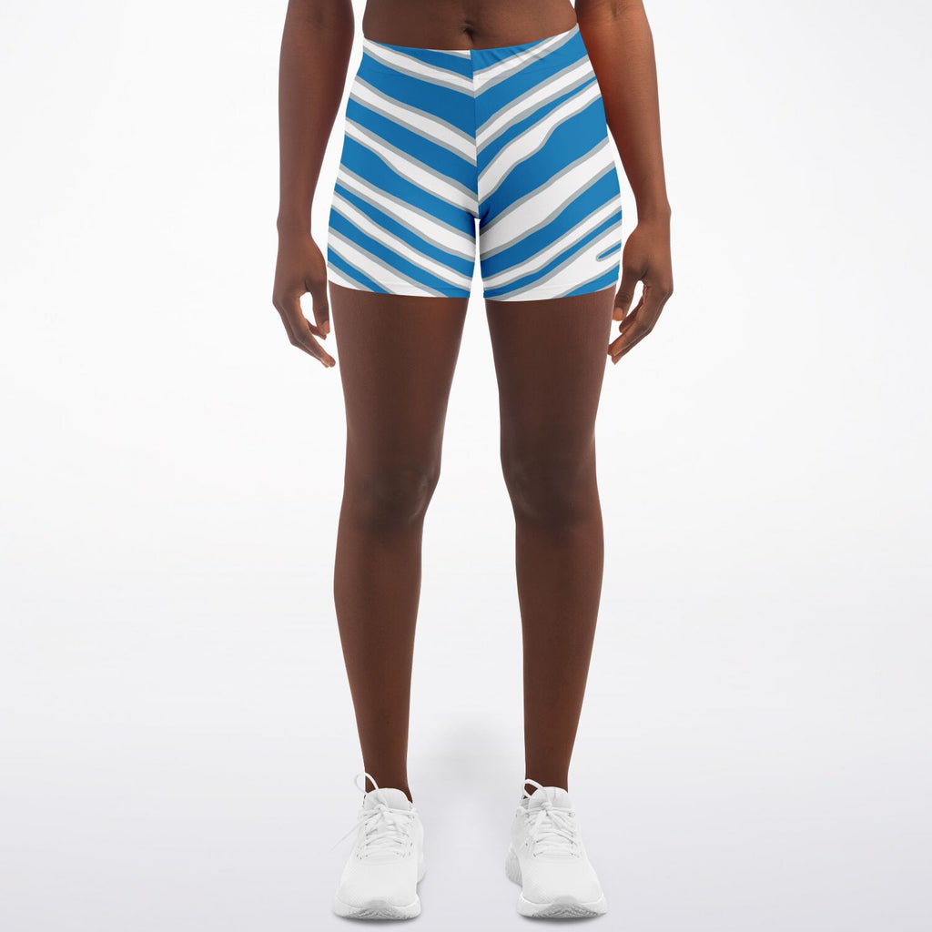 Women's Detroit Football Blue Silver Wild Zebra Stripe Animal Pattern Mid-rise Athletic Booty Shorts