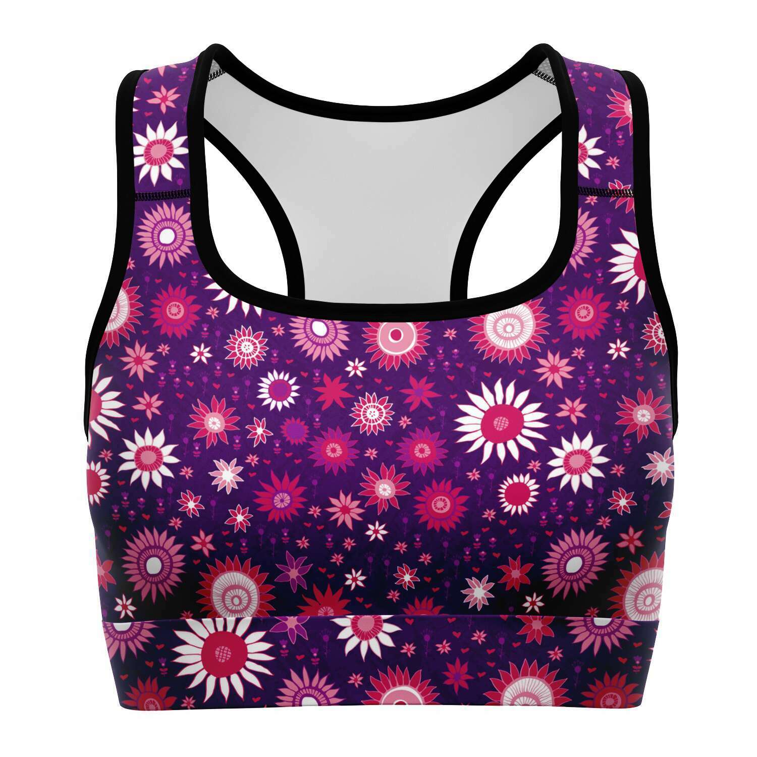 Women's Purple Flower Power Athletic Sports Bra Front