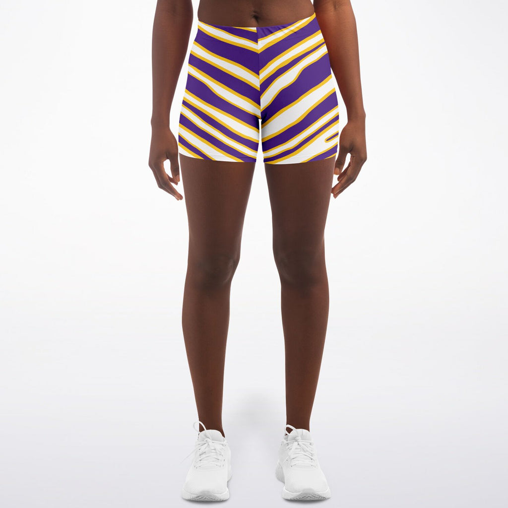 Women's Minnesota Football Purple Gold Wild Zebra Stripe Animal Pattern Mid-rise Athletic Booty Shorts