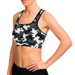 Women's Black White Camouflage Athletic Sports Bra Model Left