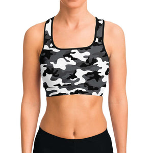 Women's Black White Camouflage Athletic Sports Bra Model Front