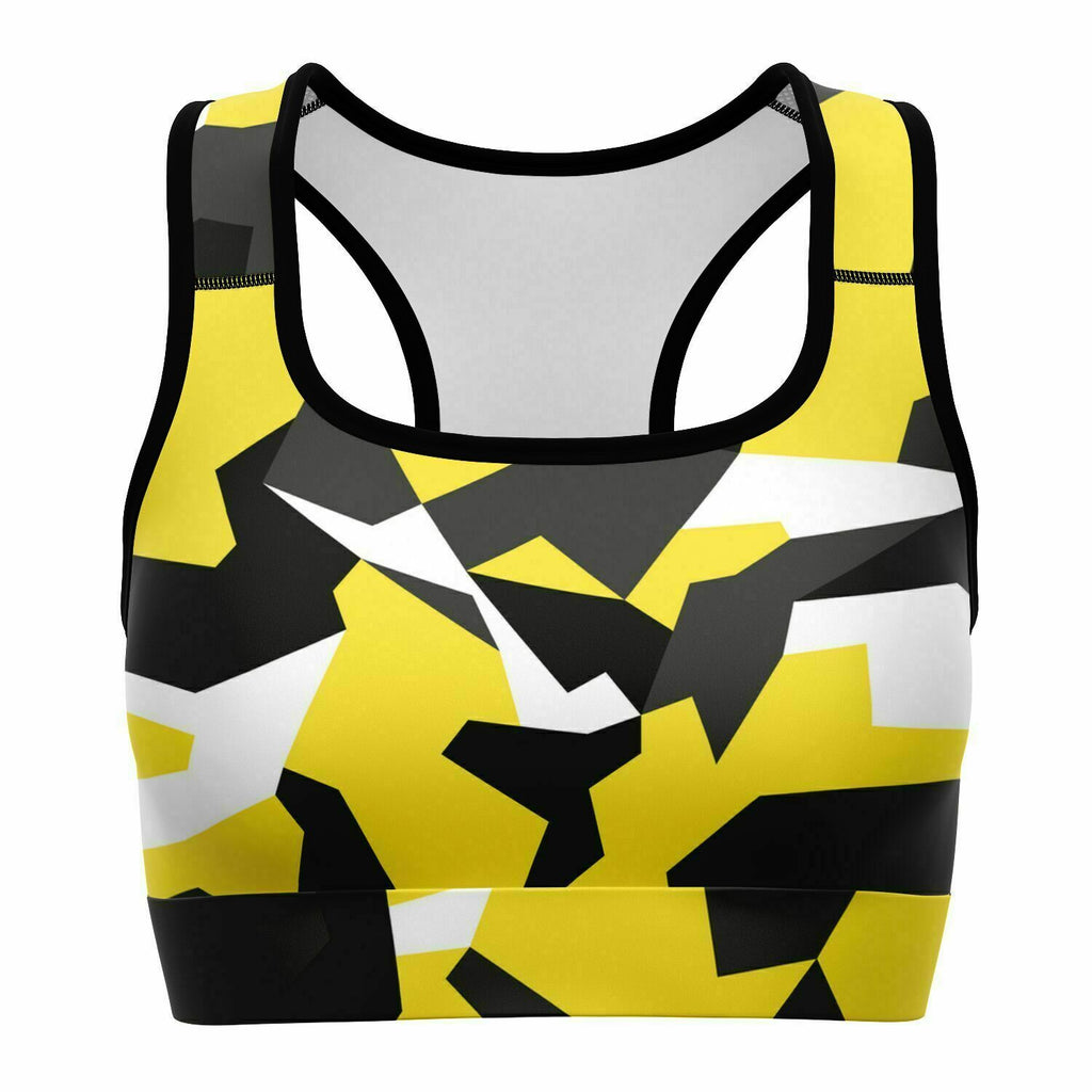 Women's M90 Black Yellow Modern Soldier Urban Warfare Camouflage Athletic Sports Bra