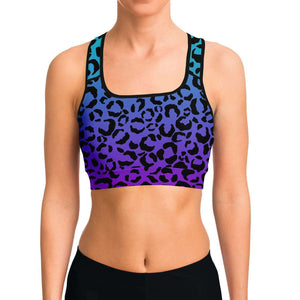 Women's Purple Blue Gradient Leopard Cheetah Print Athletic Sports Bra Model Front