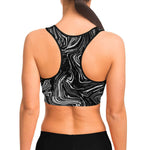 Women's Black Grey Marble Swirl Athletic Sports Bra Model Back