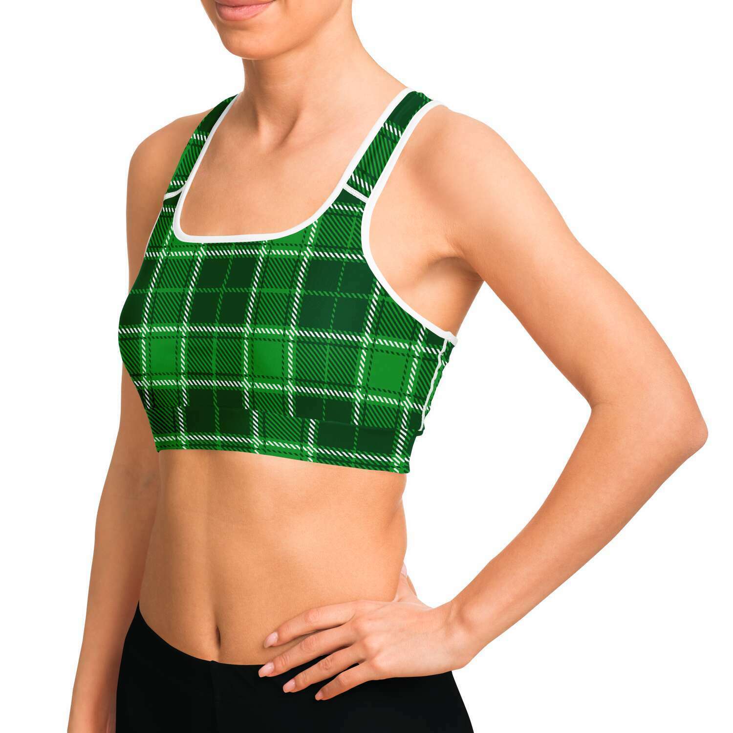 Women's Green St. Patrick's Day Plaid Athletic Sports Bra Model Left