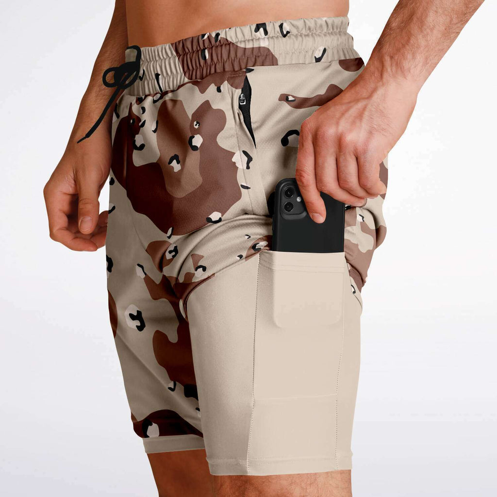 Men's 2-in-1 Desert Sand Chocolate Chip Camouflage Gym Shorts