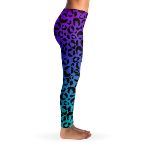 Women's Purple Blue Gradient Leopard Cheetah Print Mid-rise Yoga Leggings Right
