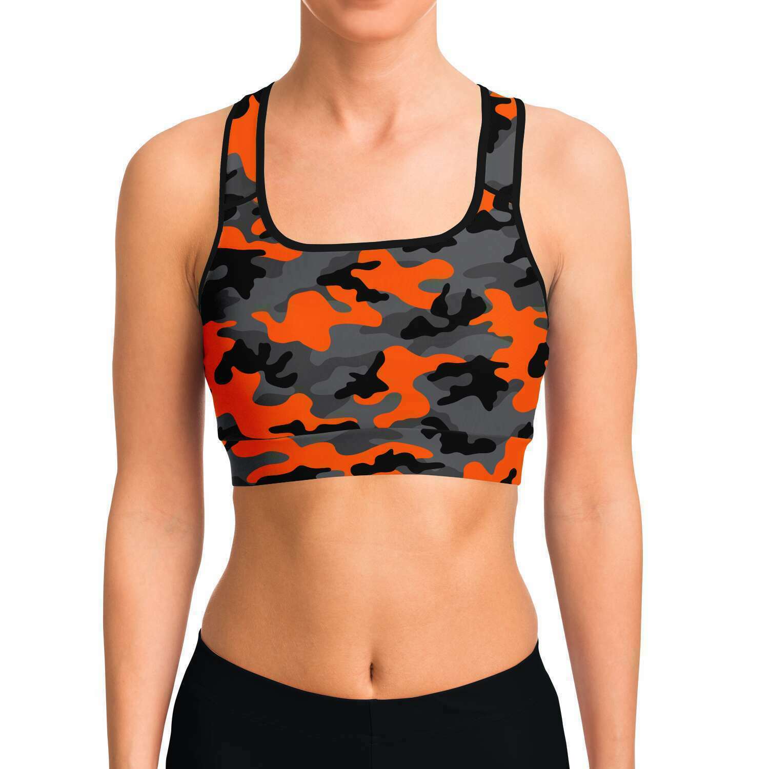 Women's Black Orange Camouflage Athletic Sports Bra Model Front