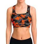 Women's Black Orange Camouflage Athletic Sports Bra Model Front