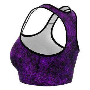 Women's Purple Neon Spider Web Halloween Athletic Sports Bra Left