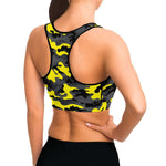 Women's Black Yellow Camouflage Athletic Sports Bra Model Right
