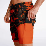 Men's 2-in-1 Black Orange Checker Paint Splash Camouflage Gym Shorts