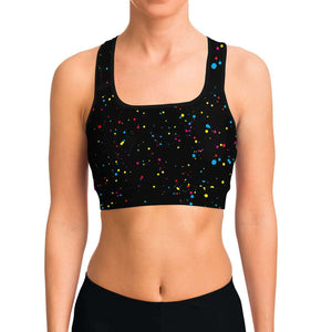 Women's CMYK Color Splatter Athletic Sports Bra Model Front