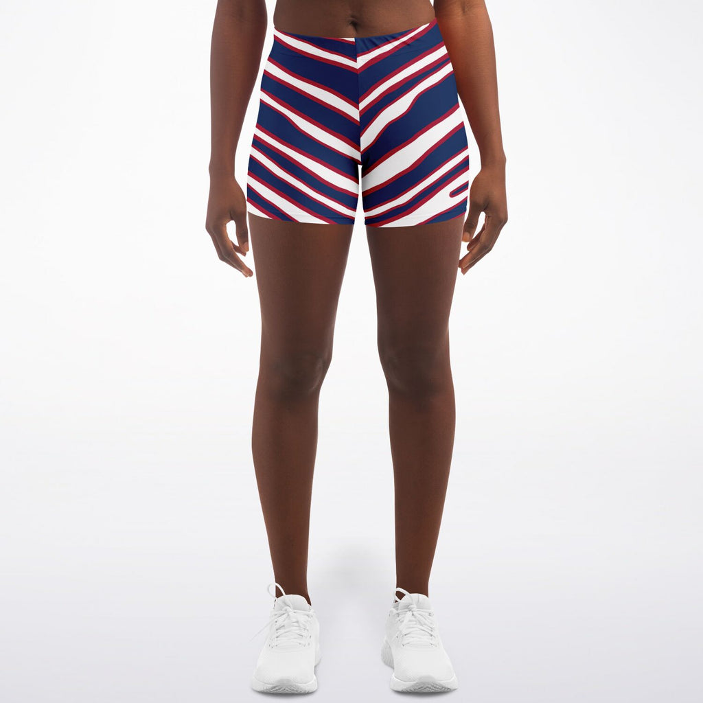 Women's New York Football Navy Blue Red Wild Zebra Stripe Animal Pattern Mid-rise Athletic Booty Shorts