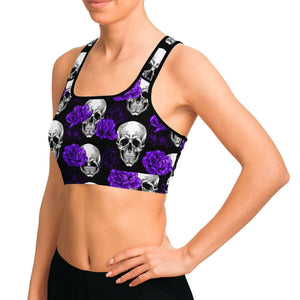Women's Purple Roses & Skulls Halloween Athletic Sports Bra Model Left