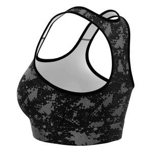 Women's Black Grey Digital Camouflage Athletic Sports Bra Left