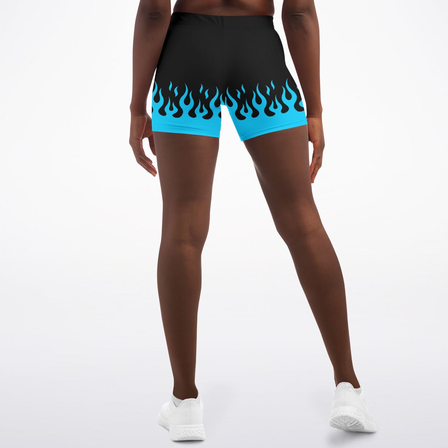 Women's Retro Classic Blue Fire Flames Mid-Rise Athletic Yoga Booty Shorts Model Back