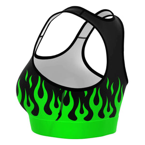 Women's Classic Green Hot Rod Flames Drip Athletic Sports Bra Left