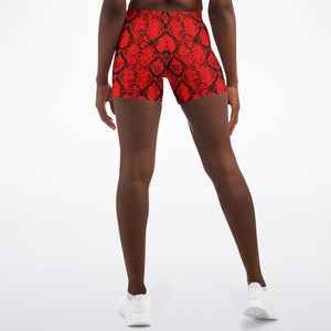 Women's Mid-rise Red Snakeskin Reptile Print Athletic Booty Shorts