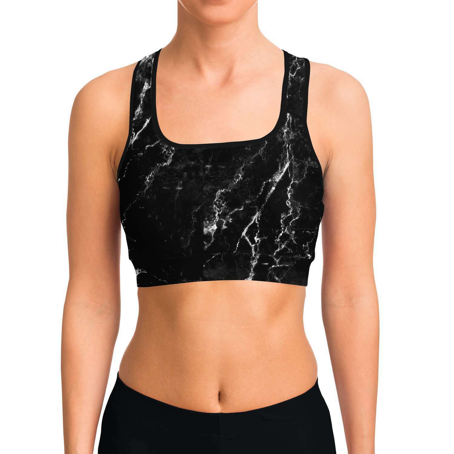 Women's Black Marble Athletic Sports Bra Model Front