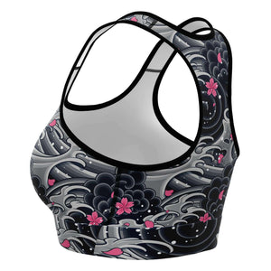 Women's Pink Winter Japanese Cherry Blossom Sakura Great Wave Kanagawa Athletic Sports Bra Left