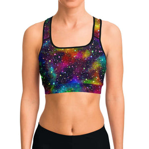 Women's Rainbow Galaxy Night Stars Athletic Sports Bra Model Front