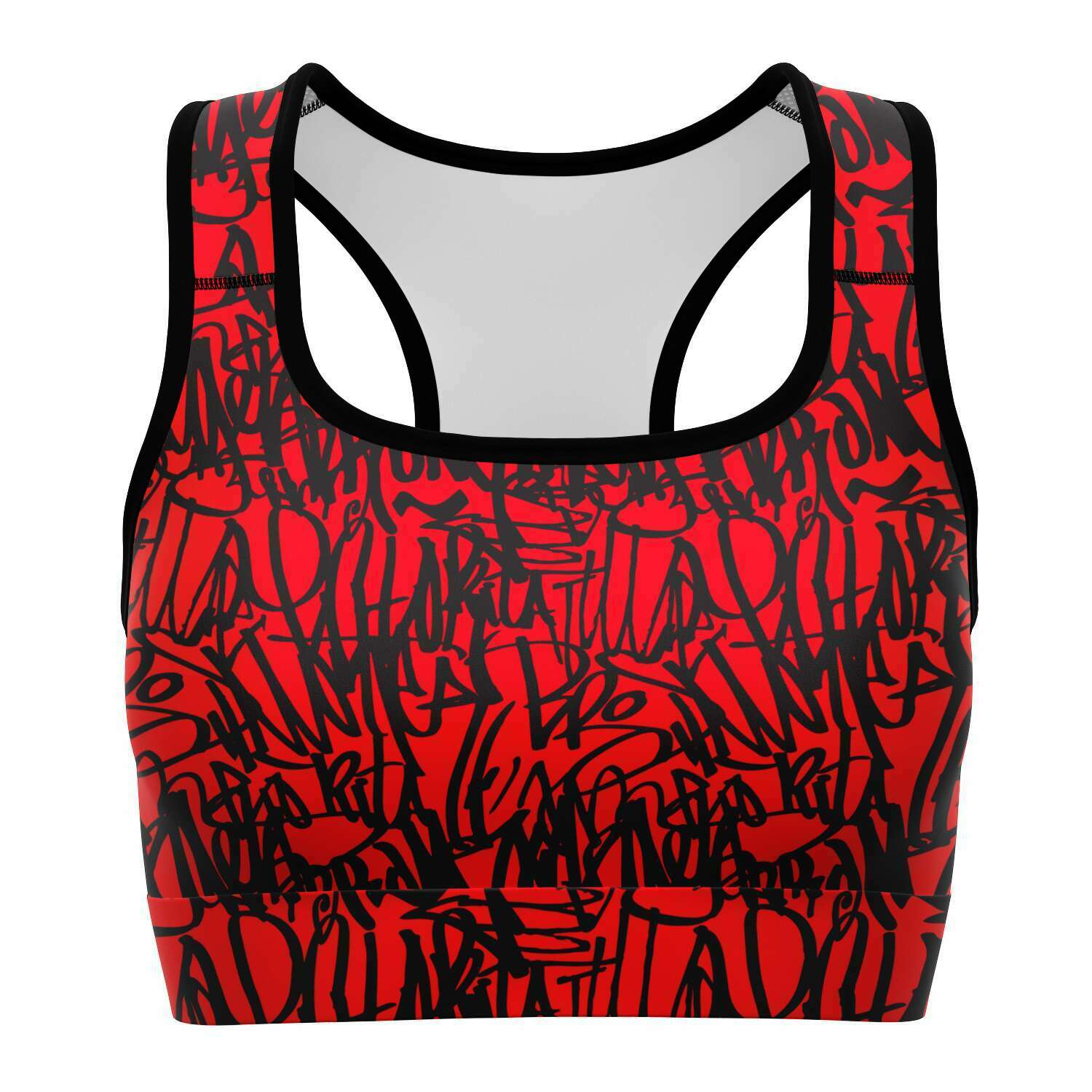 Women's Red Black Street Graffiti Art Athletic Sports Bra Front