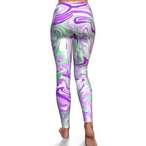 Women's Purple Green Marble Paint Swirls High-waisted Yoga Leggings Back