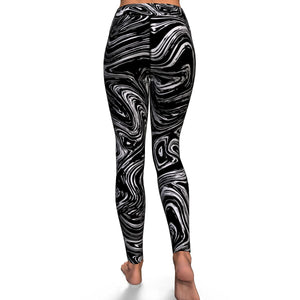 Women's Black Grey Marble Swirl Yoga Fitness Leggings Back