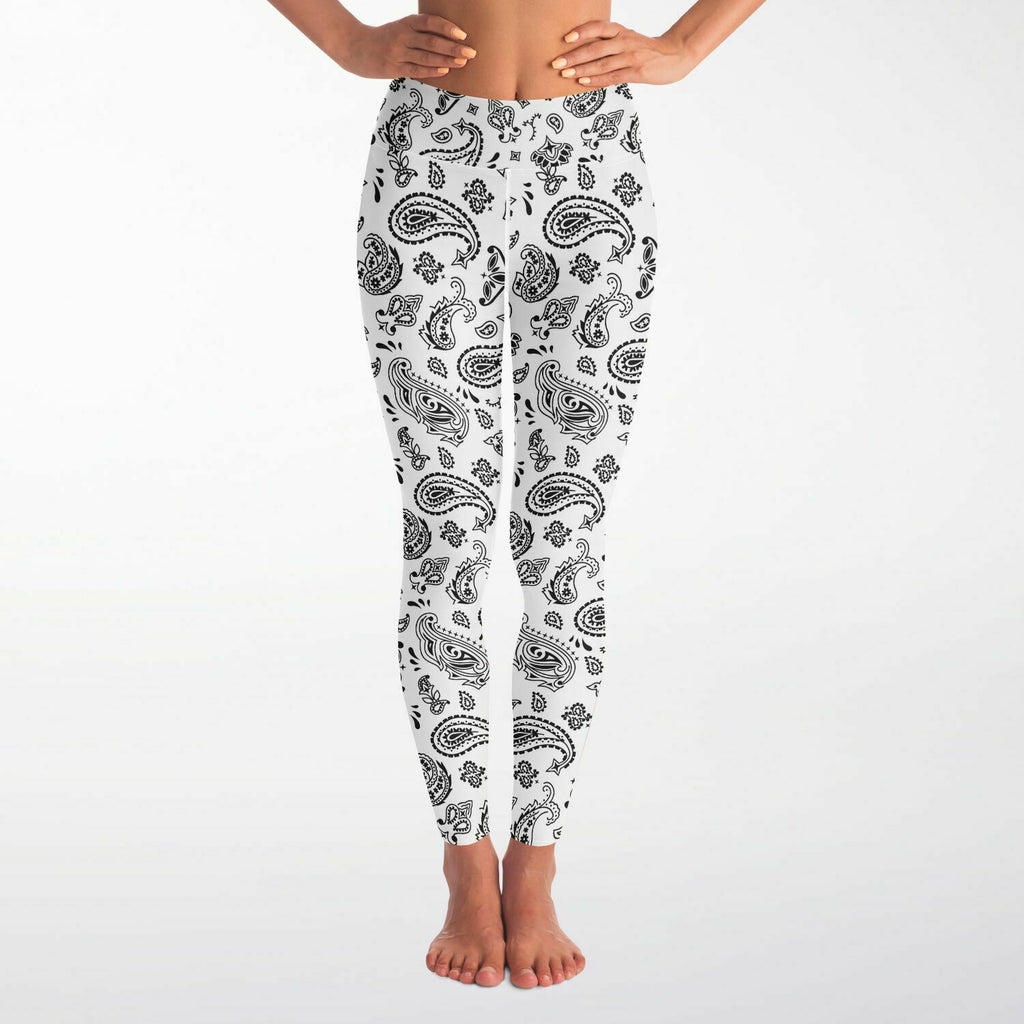 Women's White Black Paisley Bandana High-waisted Yoga Leggings