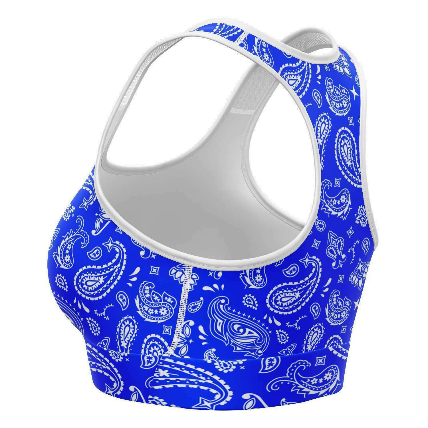 Women's Blue White Paisley Bandana Athletics Sports Bra Left
