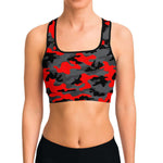 Women's Black Red Camouflage Athletic Sports Bra Model Front