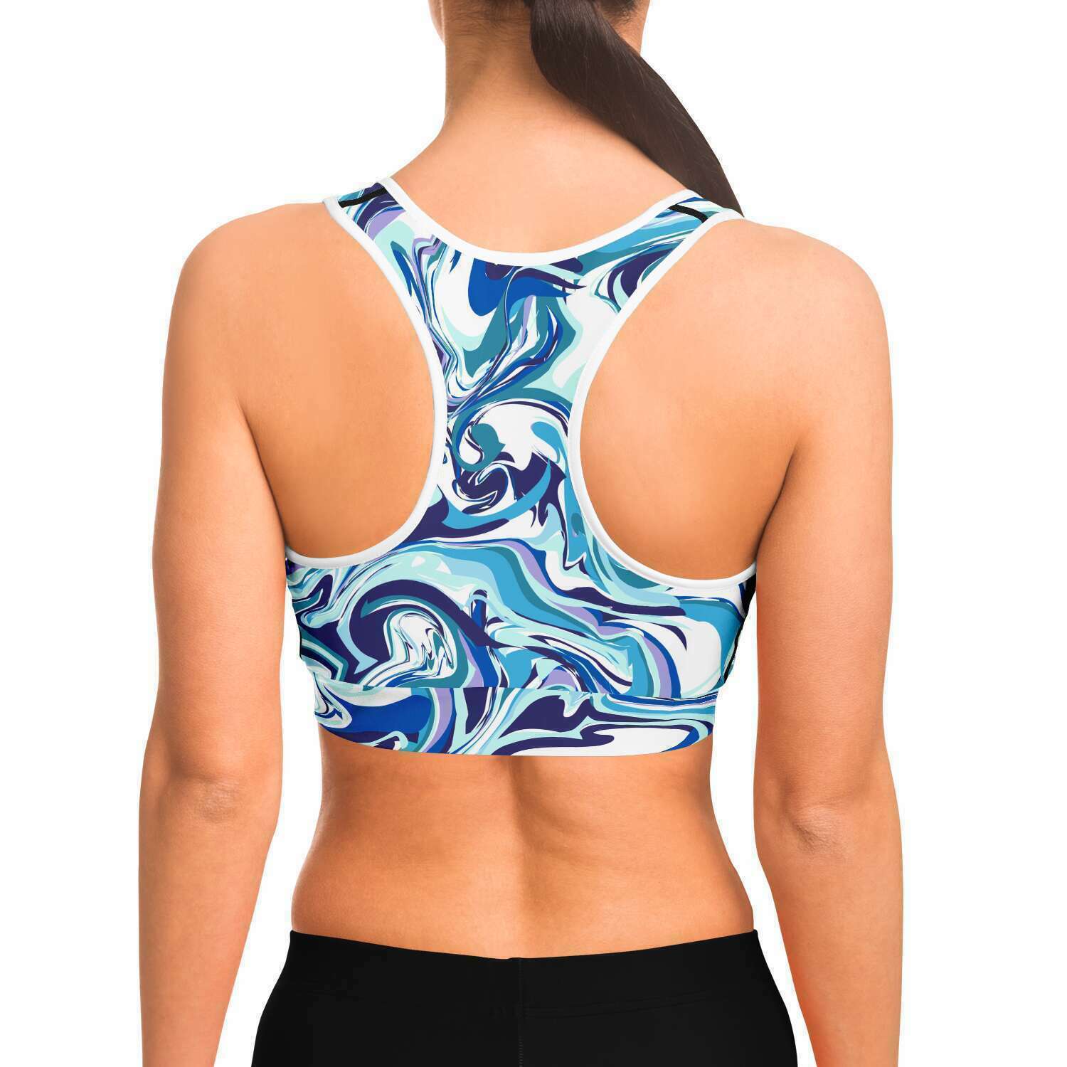 Women's Blue Marble Swirl Athletic Sports Bra Model Back