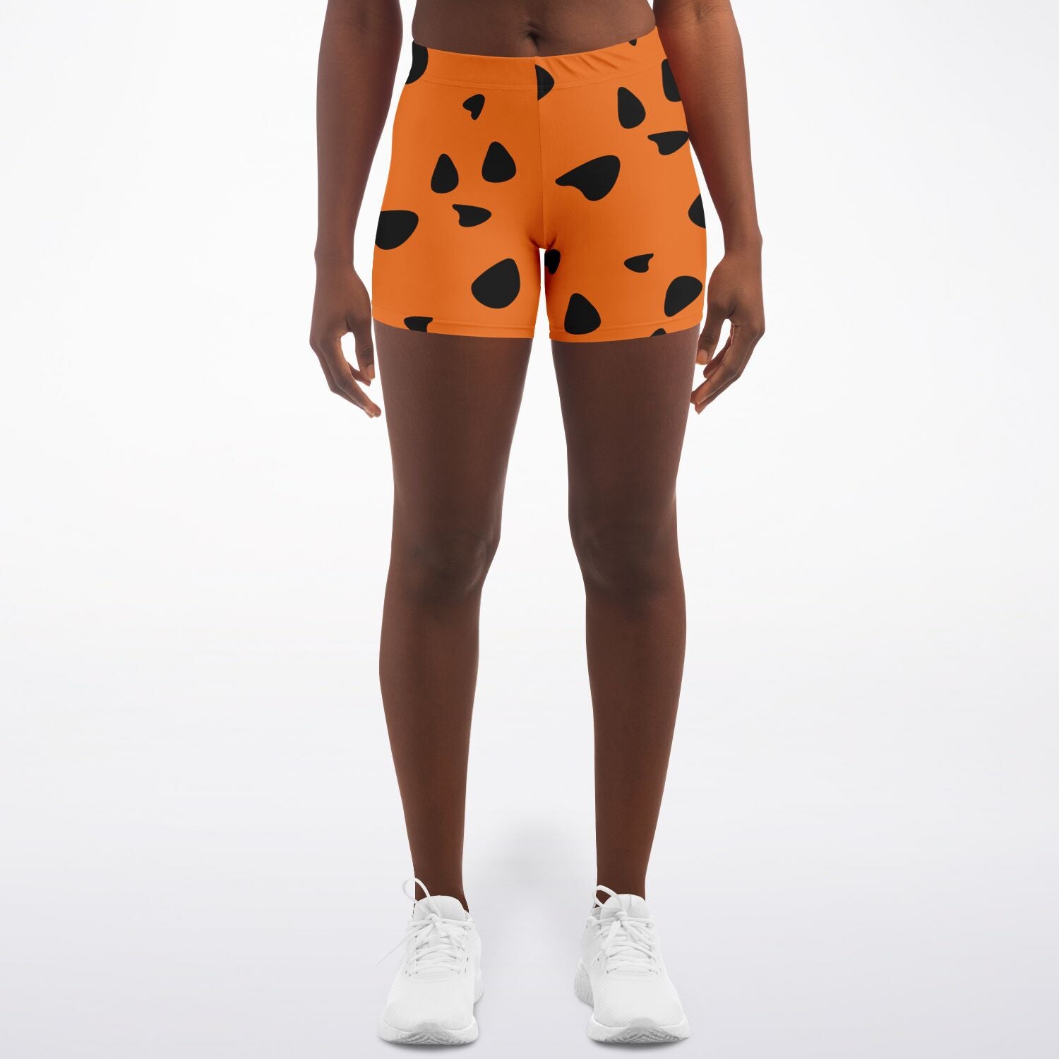 Women's Orange Pebbles Cartoon Primitive Cave Girl Mid-Rise Athletic Booty Shorts