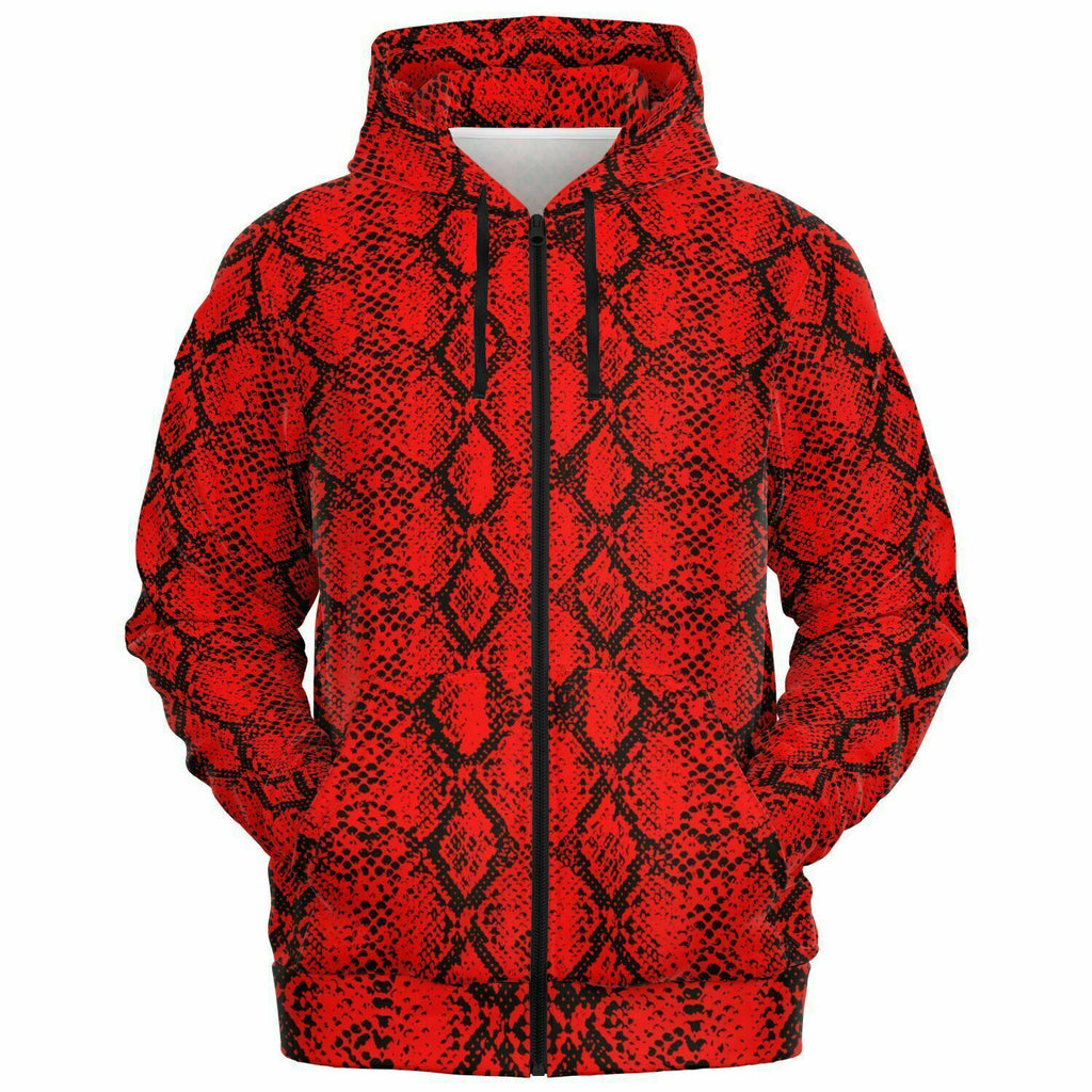 Unisex Red Snakeskin Reptile Pattern Print Zip-Up Hoodie