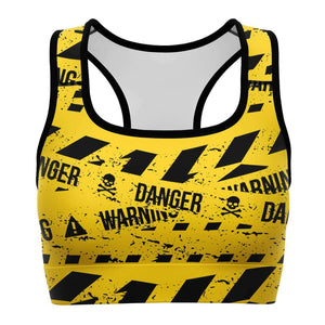Women's Yellow Under Construction Warning Caution Tape Athletic Sports Bra