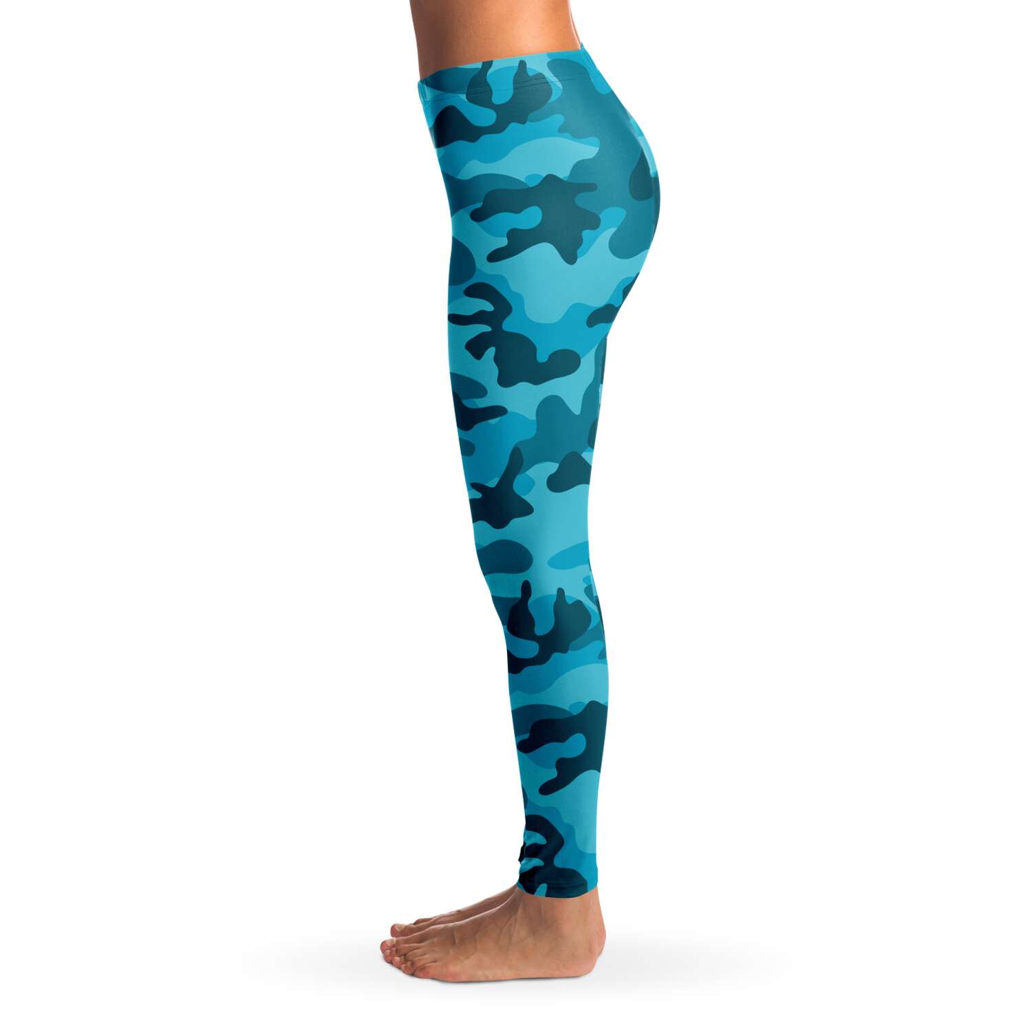 Women's All Cyan Blue Camouflage Mid-rise Leggings Left