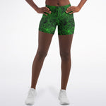 Women's Mid-rise Neon Green Spider Web Halloween Athletic Booty Shorts